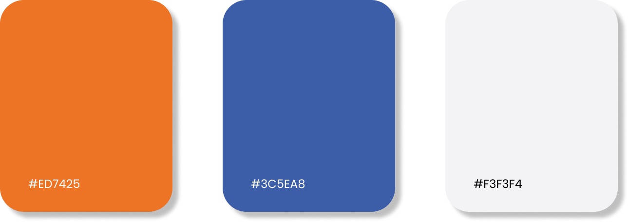 Colour palette: orange ED7425, blue 3C5EA8, light grey F3F3F4
