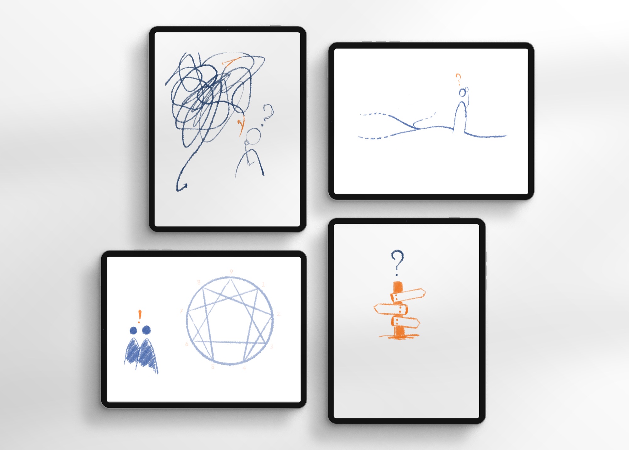 Four hand-drawn illustrations about orientation on tablets