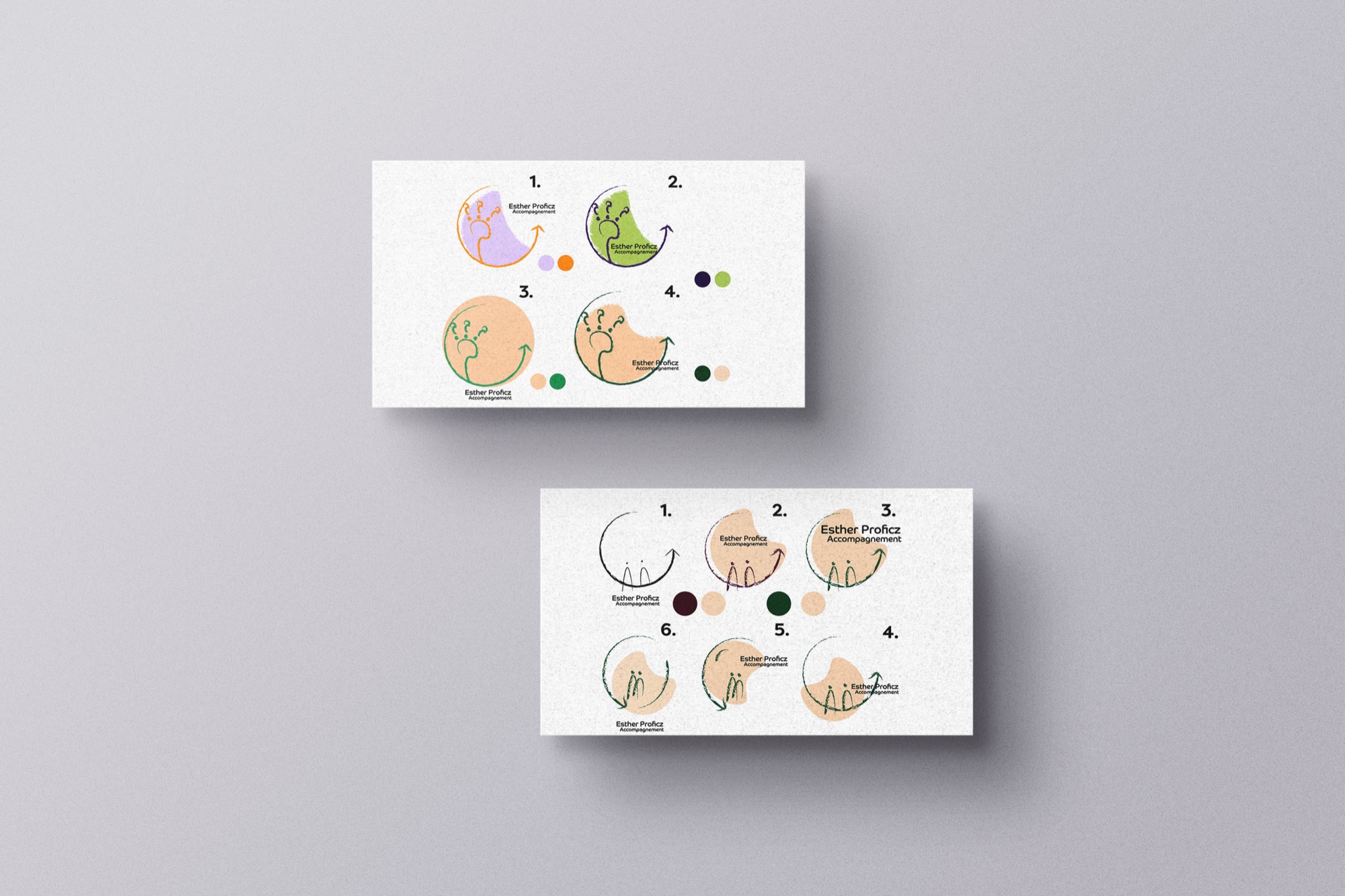 Two cards showing numbered logo colour and shape variations