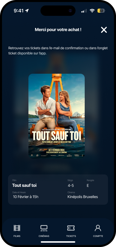 Purchase confirmation screen with film, seat, row, date and cinema