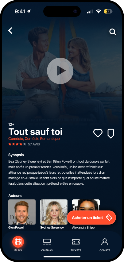 Film page with synopsis, cast and a buy ticket button