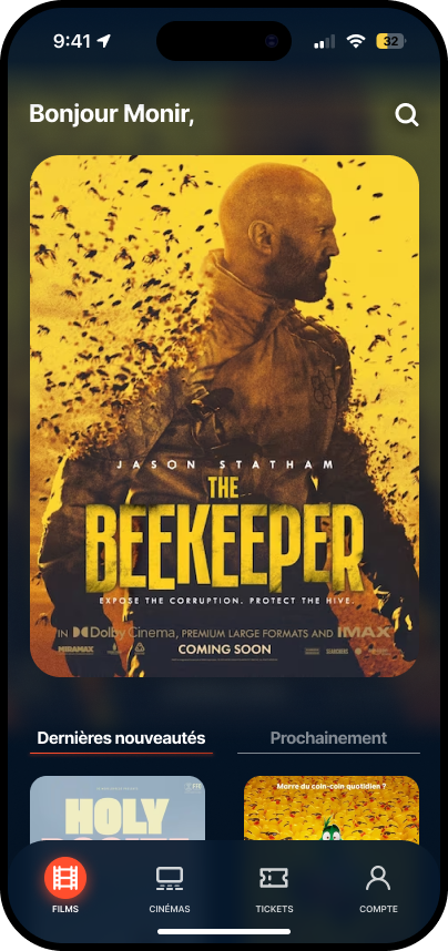 Redesigned home screen with a featured film poster and new releases