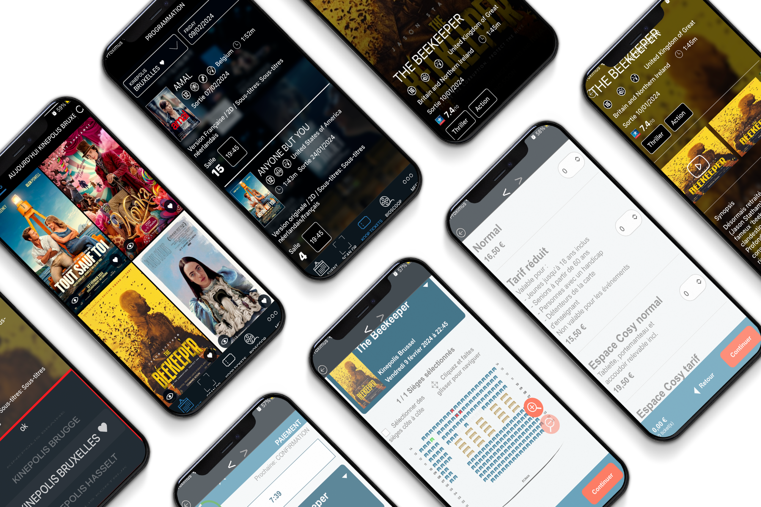 Eight screens of the original Kinépolis mobile app