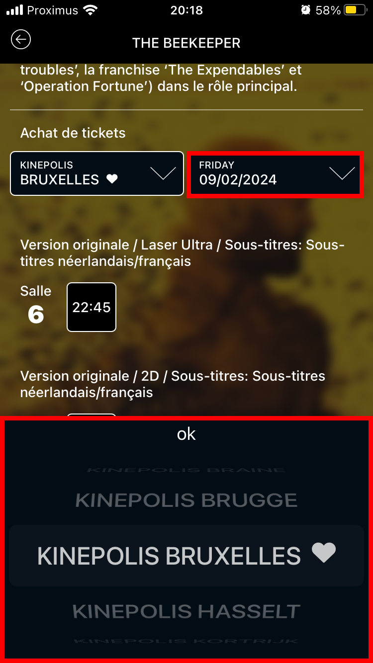 Original app: cinema chosen with a scrolling picker