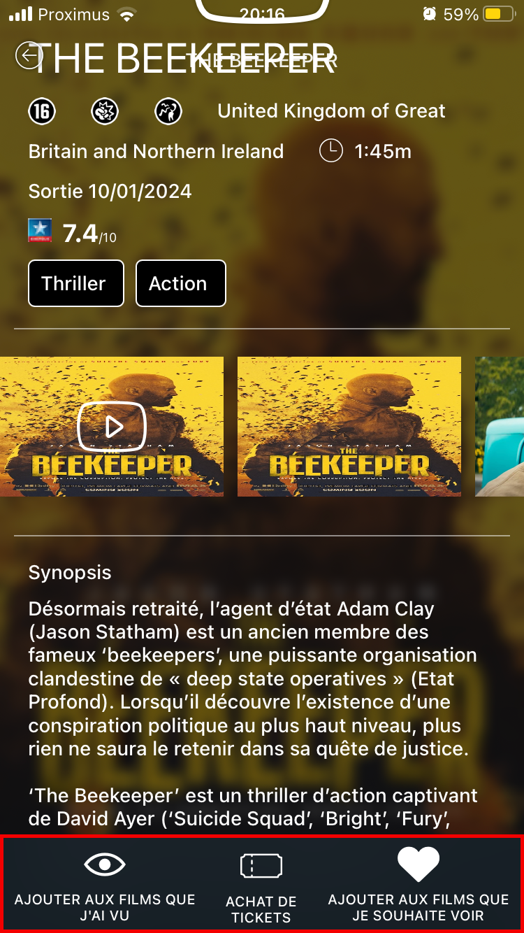 Original app: film page with the ticket button among three bottom actions