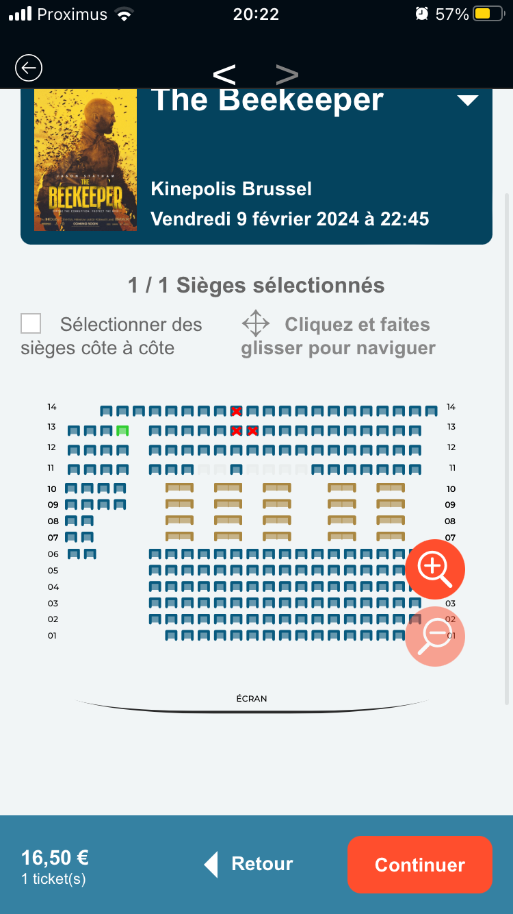 Original app: seat map with zoom buttons and a drag-to-navigate hint