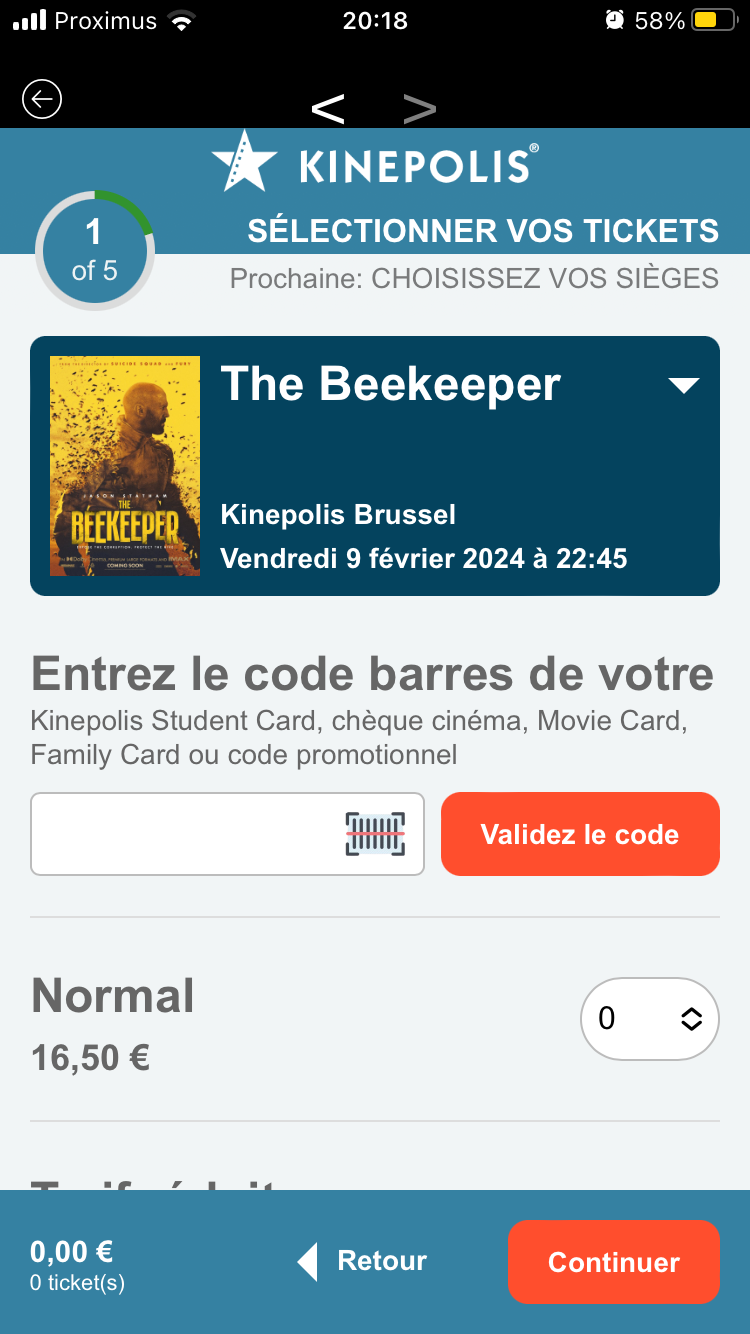 Original app: ticket step 1 of 5, opening on a promo code field