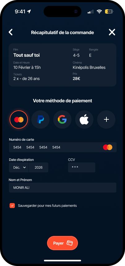 Payment screen with order summary, payment methods and card details