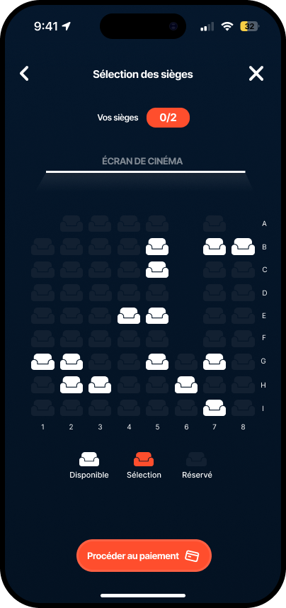 Seat selection screen with a seat map and a legend