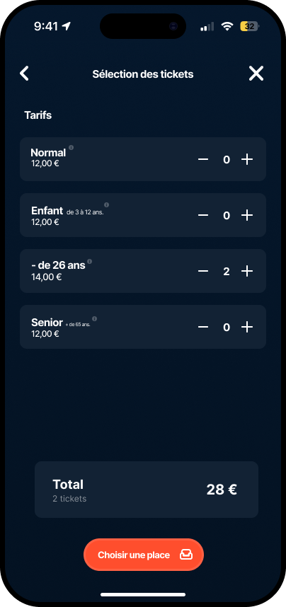 Ticket selection screen with fares and a running total